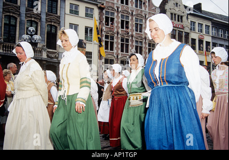 Women dressed in medieval clothing participating in Kaiser Karel Parade, Ghent, Belgium Stock Photo