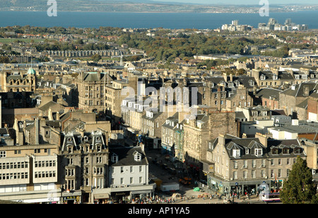 Edinburgh New Town from Edinburgh Castle showing Princes Street and Firth of Forth Stock Photo