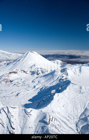 Mt Tongariro right Mt Ngauruhoe left Tongariro National Park Central Plateau North Island New Zealand aerial Stock Photo