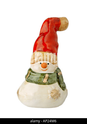 Snowman in santa claus costume on white background Stock Photo