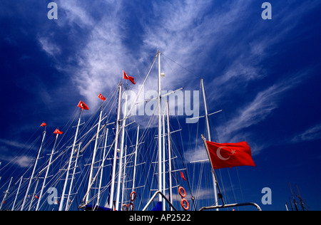 National flags of Turkey flapping in the wind on yacht poles Turkey Stock Photo