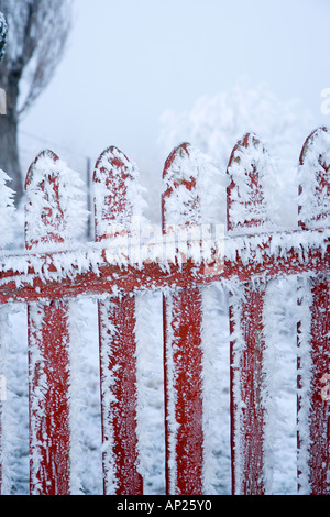 Frost on Gate Mitchells Cottage and Hoar Frost Fruitlands near Alexandra Central Otago South Island New Zealand Stock Photo