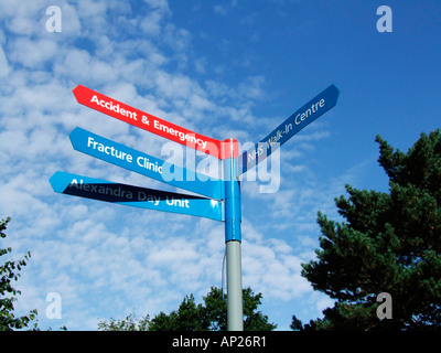 Signpost pointing to different medical units. Stock Photo