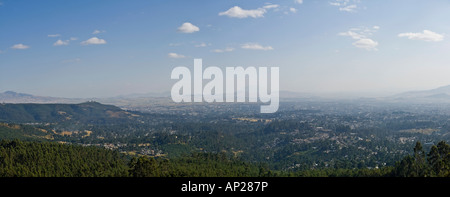 A 2 picture stitch panoramic view of Addis Ababa taken from Elias church at the top of Entoto hill. Stock Photo