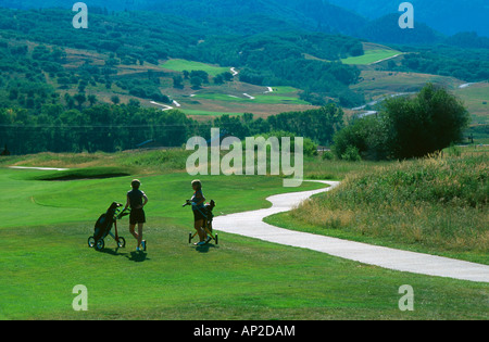 Two golfers on fairway of Haymaker golf course Steamboat Springs Colorado USA Stock Photo