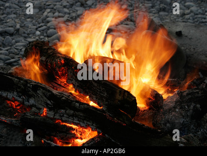 Flames in wood fire Stock Photo