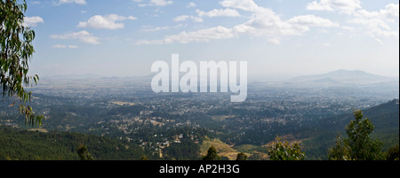 A 2 picture stitch panoramic view of Addis Ababa taken from Elias church at the top of Entoto hill. Stock Photo