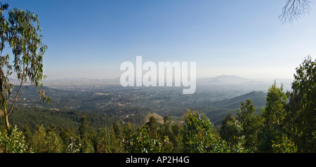 A 2 picture stitch panoramic view of Addis Ababa taken from Elias church at the top of Entoto hill. Stock Photo