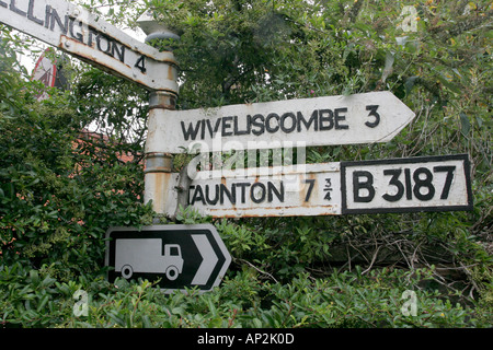 Old fashioned road signs near Taunton Somerset Stock Photo