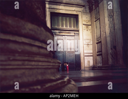 Pantheon, tourists knocking on the entrance door at night, Piazza della Rotonda, Rome, Italy Stock Photo