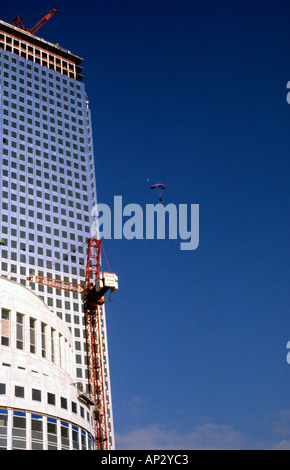 Australian Mark Scott making the first ever BASE Jump from Canary Wharf Tower Docklands London Great Britain