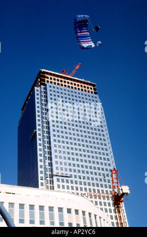 Australian Mark Scott making the first ever BASE Jump from Canary Wharf Tower Docklands London Great Britain