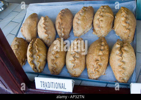 Genuine Cornish pasties in a baker s shop window Stock Photo