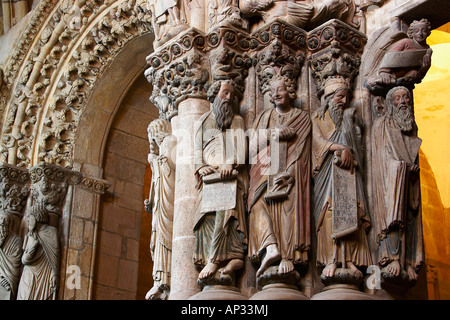 Sculptures by Meister Mateo, El Portico de la Gloria, westside of the cathedral, Catedral de Santiago de Compostela, Santiago de Stock Photo