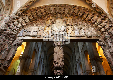 Sculptures by Meister Mateo, El Portico de la Gloria, westside of the Cathedral, Catedral de Santiago de Compostela, Santiago de Stock Photo