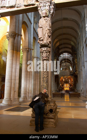 Sculptures by Meister Mateo, El Portico de la Gloria, westside of the cathedral, Catedral de Santiago de Compostela, Santiago de Stock Photo