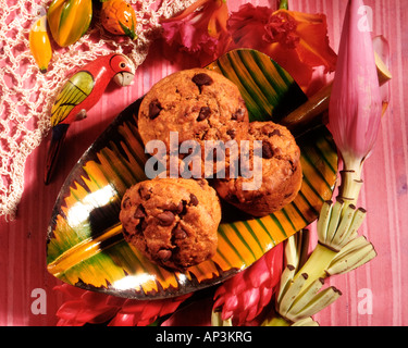 Chocolate Chip Banana Muffins on Banana Leaf Plate Stock Photo