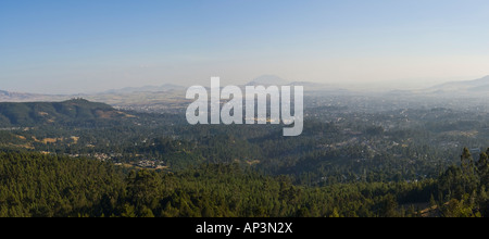 A 2 picture stitch panoramic view of Addis Ababa taken from Elias church at the top of Entoto hill. Stock Photo