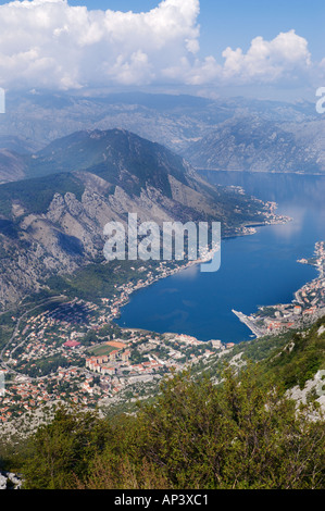 The old town of Kotor around the bay at the base of the mountains Montenegro Stock Photo