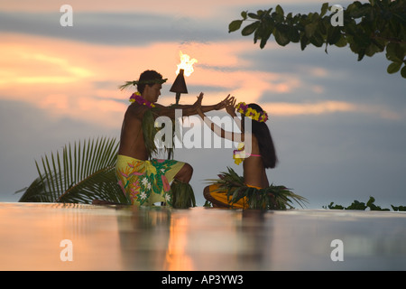 Tahitian Couple in Traditional Tamure Dance Outfits, Arue, near Papeete, Tahiti Nui, Society Islands, French Polynesia Stock Photo