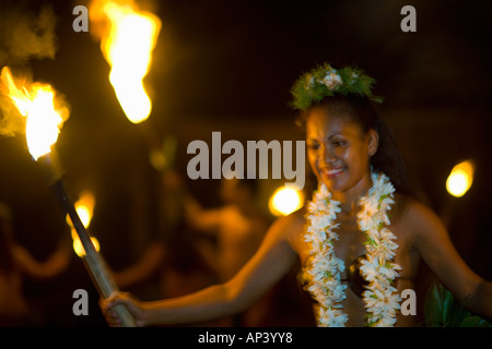 Polynesian Fire Dance, Tiki Village,  Moorea Island, Society Islands. French Polynesia, South Pacific Stock Photo