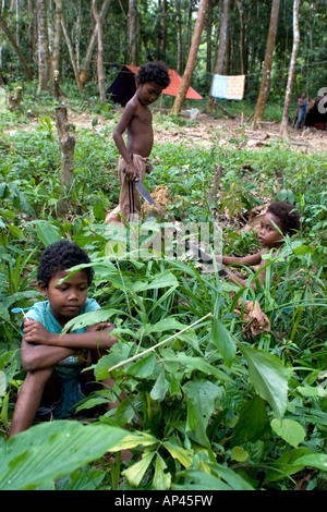 Children from the Orang Asli tribe play in the undregrowth of the Taman Negara National Park. Stock Photo