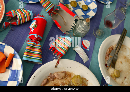 Christmas day dinner after the meal leftovers messy table Stock Photo