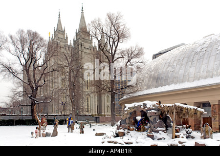 SLC LDS Temple nativity winter. Temple and Tabernacle on Temple Square Stock Photo