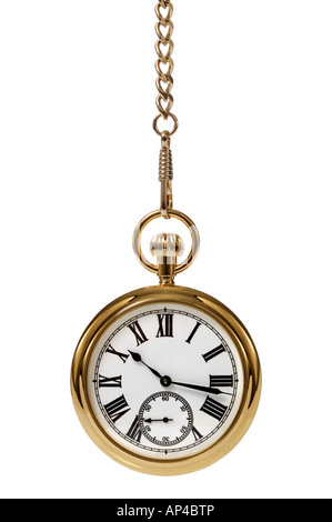 Gold pocket watch and chain isolated on a white background Stock Photo