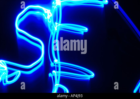 A neon blue light visualization saying sex close up frantic  