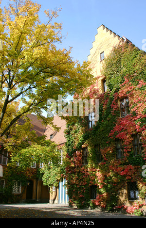 overgrown house and courtyard at the Fuggerei oldest social settlement in the world Augsburg Bavaria Germany Stock Photo