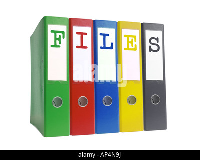 Row of five empty colorful ring binders spelling Files isolated on white background Stock Photo