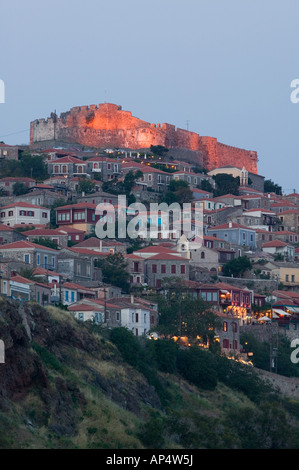 GREECE, Northeastern Aegean Islands, LESVOS (Mytilini), Mithymna (Molyvos): 15th century Byzantine, Genoese Castle / Evening Stock Photo