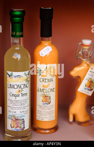 Italian liqueur on display, Cinque Terre, Italy Stock Photo