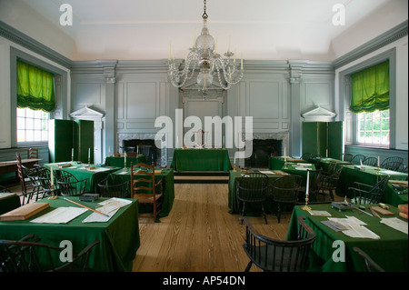 The Assembly Room where Declaration of Independence and U.S. Constitution were signed in Independence Hall, Philadelphia, PA Stock Photo