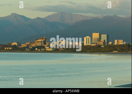 USA, ALASKA, ANCHORAGE: Anchorage Skyline at Sunset from Point Woronzoff Stock Photo