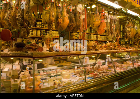 San Sebastian, Spain. Fabulously rich display of charcuterie & hams at Jesus Maria Brusau shop in La Brecha market Stock Photo