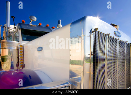 US Clean white American Peterbilt truck low wide angle close up against a blue sky. Florida. Stock Photo