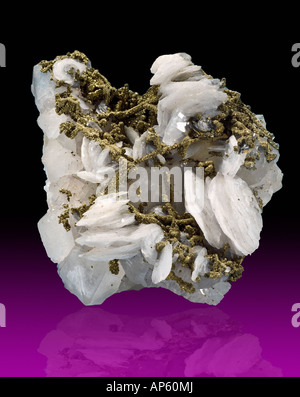 Pyrite on Calcite with Quartz from Taxco Mexico Stock Photo