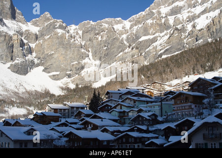 View of the older part of town with the Gemmiwand, Leukerbad (Loèche-les-Bains), Switzerland Stock Photo