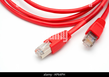 Two red network cables isolated on white background Stock Photo