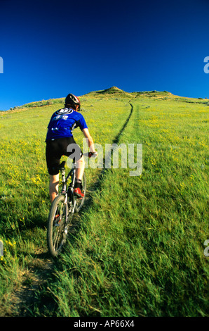 Mountain biker on the Maah Dahh Hey Trail near Medora, North Dakota (MR) Stock Photo