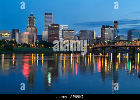 USA, Oregon, Portland, City lights glowing at night Stock Photo