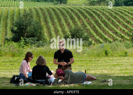 USA, Oregon, Families enjoying a picnic with wine among the vineyards on the Sokol Blosser Winery property near Dundee Stock Photo