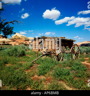 Close-Up of Kirk Cabin and wagon frame located in the Salt Creek Canyon, Needles Area of Canyonlands National Park, Utah Stock Photo
