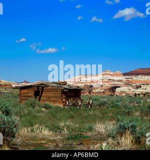 Abandoned Kirk Cabin and wagon frame located in the Salt Creek Canyon, Needles Area of Canyonlands National Park, Utah Stock Photo