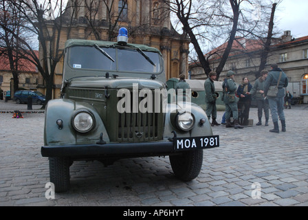 Historical reenactment in Warsaw during 26. anniversary of Martial law introduce in Poland, antique UAZ militia vehicle Stock Photo