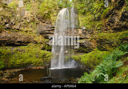 At 30 metres Henrhyd Waterfall is the highest in Brecon Beacons National Park Powys Wales UK tourists stand behind the falls Stock Photo