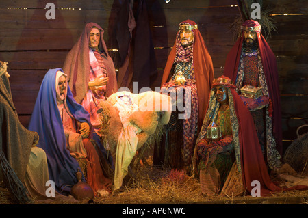 Christmas crib with the Holy family and the three wise men Stock Photo