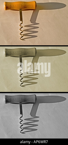three picture collage of cork screw and shadow with wooden handle Stock Photo